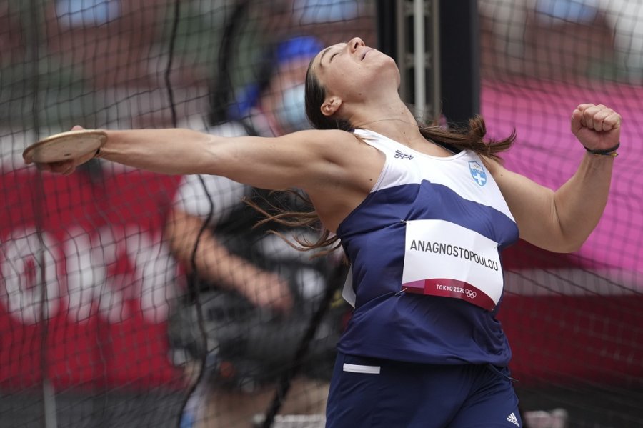 Chrysoula Anagnostopoulou, of Greece, competes during the qualification round of the women's discus throw at the 2020 Summer Olympics, Saturday, July 31, 2021, in Tokyo. (AP Photo/Matthias Schrader)