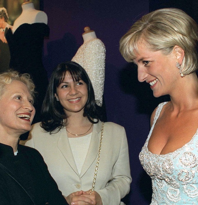 LONDON, UNITED KINGDOM - JUNE 02:  Diana, Princess Of Wales, Talking To Dress Designer Christina Stambolian (in Black Jacket) At A Private Viewing And Reception At Christies In Aid Of The Aids Crisis Trust And The Royal Marsden Hospital Cancer Fund.  (Photo by Tim Graham Photo Library via Getty Images)