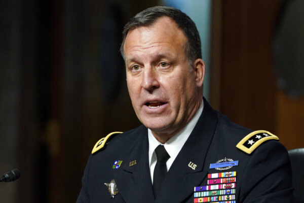 FILE - Lt. Gen. Michael E. Kurilla testifies before the Senate Armed Services committee during his confirmation hearing on Capitol Hill in Washington, Feb. 8, 2022, to be general and commander of the U.S. Central Command. The Pentagon says U.S. military airstrikes in eastern Syria were a message to Iran and Tehran-backed militias who targeted American troops earlier this month and several other times over the past year. “We will respond appropriately and proportionally to attacks on our service members,” CENTCOM commander Gen. Kurilla said in a statement. (AP Photo/Susan Walsh, File)