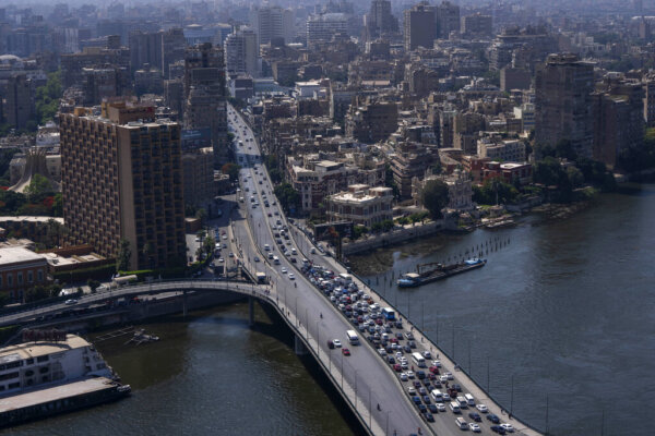 Traffic comes to a standstill on one side of a bridge over the Nile River in Cairo, Egypt, Wednesday, May 25, 2022. (AP Photo/Nariman El-Mofty)