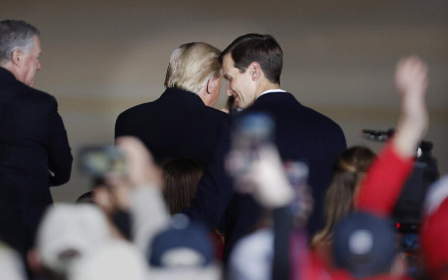 epa08939652 (FILE) US President Donald J. Trump (L) speaks with senior advisor to the President and his son-in-law Jared Kushner (R) as they return to Air Force One following the President's 'Great American Comeback' campaign event in Moon Township, Pennsylvania, USA, 22 September 2020. The presidency of Donald Trump, which records two presidential impeachments, will end at noon on 20 January 2021.  EPA/DAVID MAXWELL *** Local Caption *** 56363777