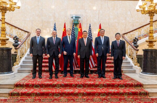 U.S. Treasury Secretary Scott Bessent and Chinese vice premier He Lifeng pose for a photo with U.S. Trade Representative Jamieson Greer, U.S. Secretary of Commerce Howard Lutnick, Chinese Commerce Minister Wang Wentao, and China's International Trade Representative and Vice Minister of Commerce Li Chenggang, in London, Britain June 9, 2025. United States Treasury/Handout via REUTERS    THIS IMAGE HAS BEEN SUPPLIED BY A THIRD PARTY